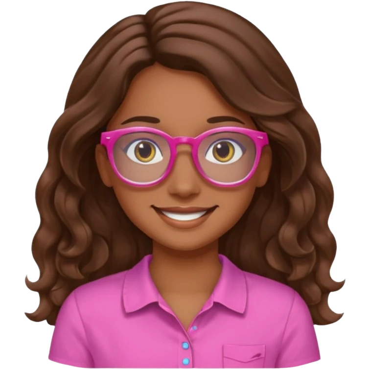 Una chica color de piel sea morena ligado con blanco ojos cafés una sonrisa 🙂 cabello largo ondulado y café camisa de color rosa y lentes de ver azules  emoji