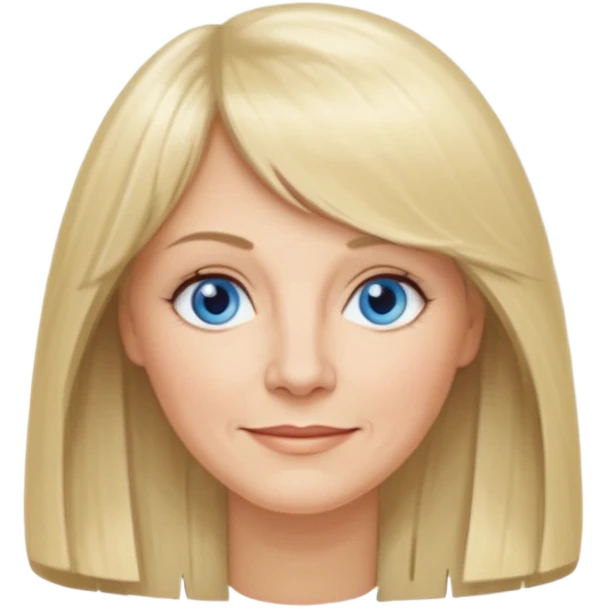 50 yr old white woman, curtain bangs, very long straight blond hair, oval face, small smile, blue eyes, thin face, hair down to elbows, round cheeks, pale emoji
