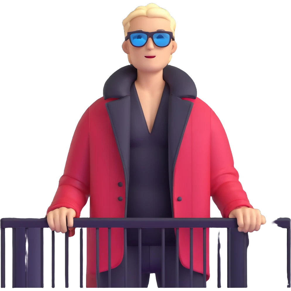 guy on balcony in winter with open jacket showing bare chest, wearing sunglasses, view from below emoji
