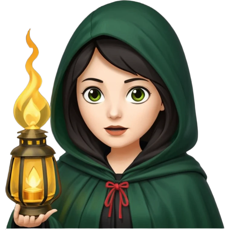 traitor tv show, dark haired woman wearing dark green cloak with hood up who looks evil and is holding up a lantern emoji