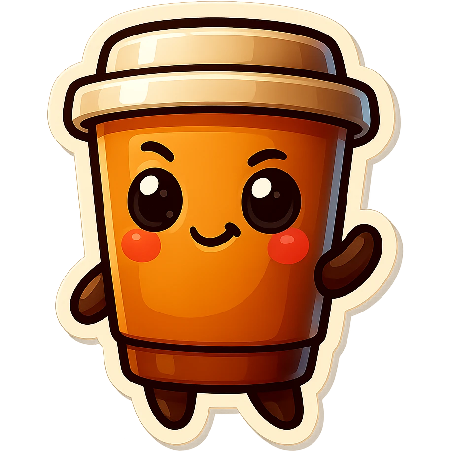 Tall coffee cup, mischievous eyes, thinking emoji
