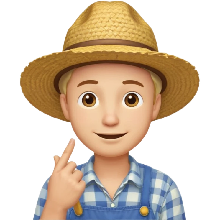 “A single emoji-style character combining 👨‍🌾😄 and 🤔: a smiling farmer with a straw hat, one hand under his chin in a strong thinking gesture, eyes looking upward thoughtfully, expressive face, clean flat emoji design, bold outlines, soft colors, transparent background.” emoji