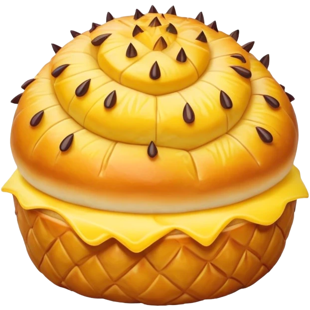 Chinese pineapple bun with crispy yellow top crust, simplified emoji style with bold outlines and bright colors, cartoon style Bo Lo Bao pastry emoji