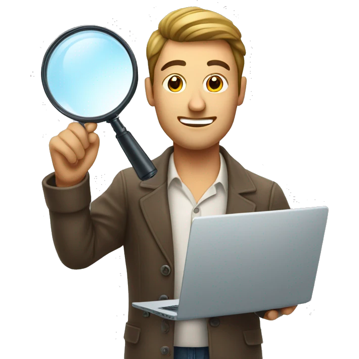 handsome man looking at a laptop through a magnifying glass emoji