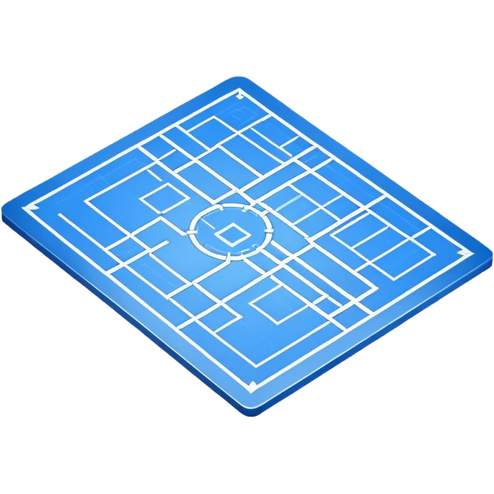 blue blueprint plan with white lines and shaded objects, isometric angle emoji