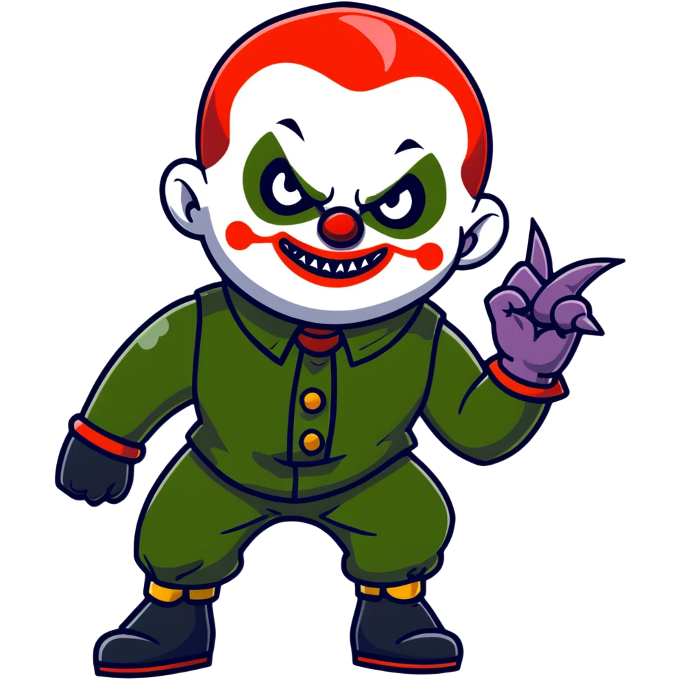 evil clown warrior, bald, small black satan-like horns on forehead, fangs, pointed ears, eye patch over one eye, black and military green leisure suit with bellbottom pants, realistically proportioned, less bulky, full body, battle-ready fighting posture emoji