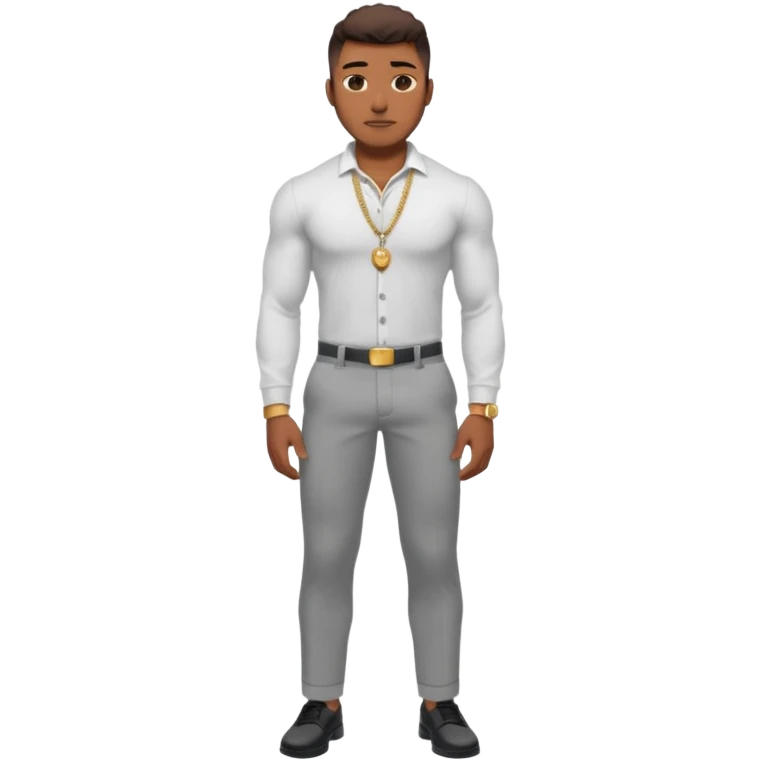 Handsome Black guy with brown skin tone, with lean muscular build, wearing gray slacks, a long sleeved white button up top, black shoes, and a small gold chain emoji