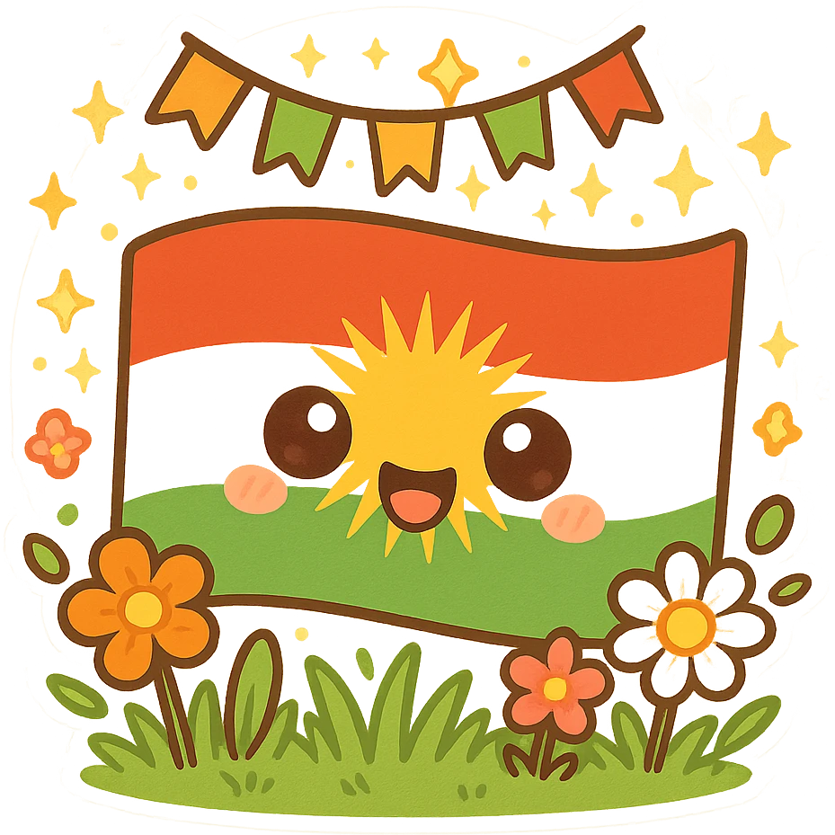 cartoonish and cheerful Kurdistan flag with Nowruz effects including flowers, green grass, and festive decorations, inspired by Kurdish cartoon sticker style emoji