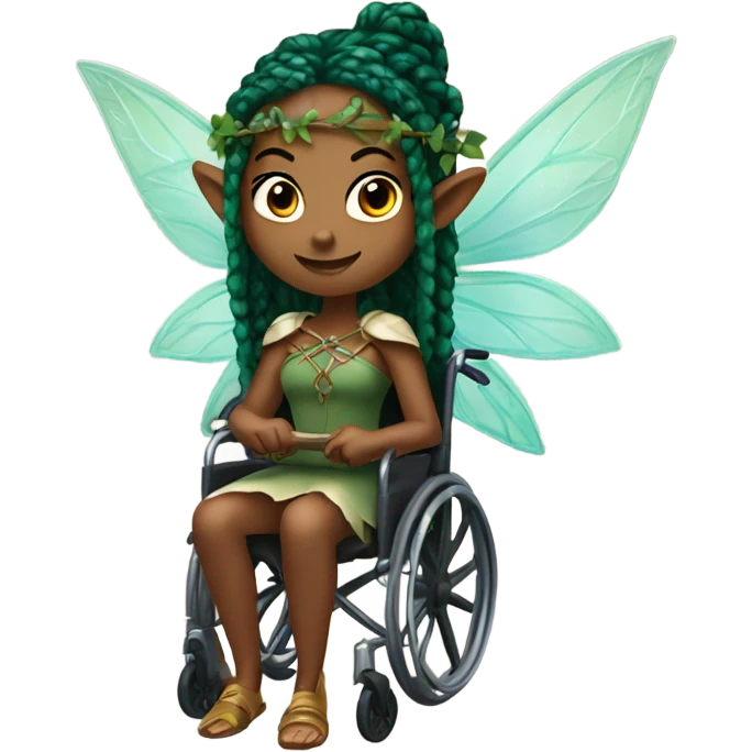 Female, forest fairy, fairy wings, African, pointed elf ears, box braid hair, vines, holding medieval sword, sitting in wheelchair emoji