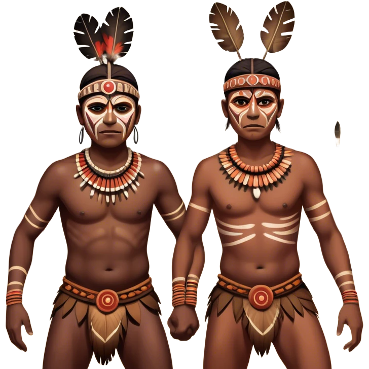 Cinematic Realistic scene of two indigenous male aboriginals performing an Aboriginal Corroboree, adorned in traditional body paint, captured in fluid motion with earthy tones and vibrant, cultural lighting emoji