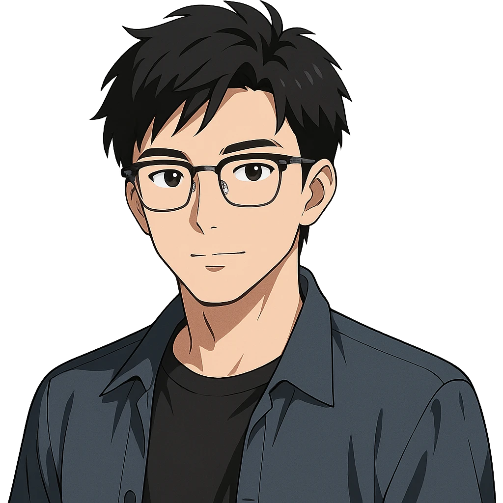 anime style Asian male, mid-20s, Ray-Ban half frame glasses emoji