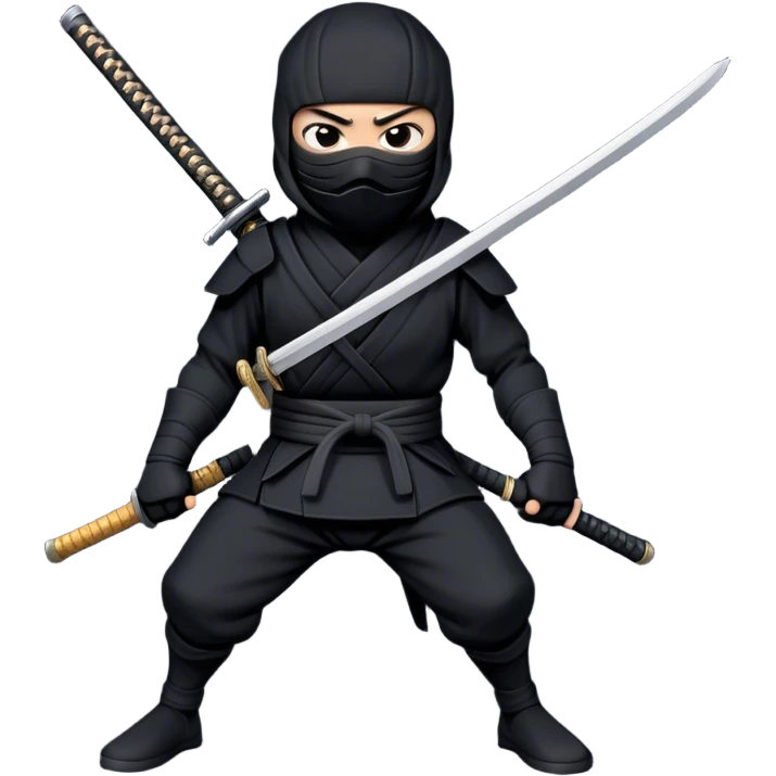  A emoji cartoon-style digital illustration of a ninja dressed in a full black outfit with a face mask, leaving only the eyes visible. The ninja has a serious and focused expression. A katana sword is strapped to their back, with the handle visible over one shoulder. The background is plain white emoji