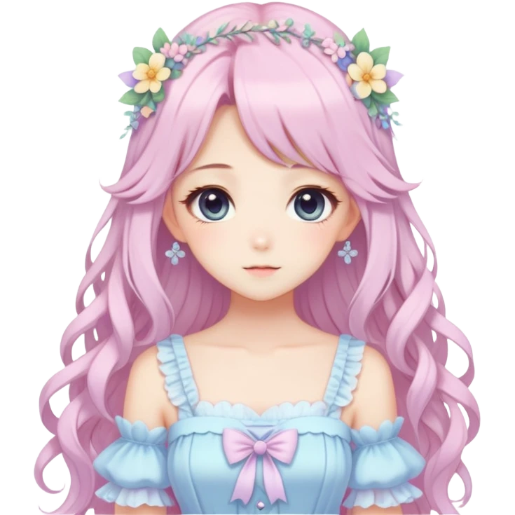 Cute kawaii gorgeous pretty anime pastel lady beautiful hair with gorgeous dress fairycore cottagecore detailed high quality trending aesthetic emoji