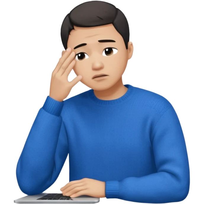 a crying asian handsome guy wearing a blue knit with white shirt, facepalming with only one hand, with a macbook, only upper body, high quality.  emoji