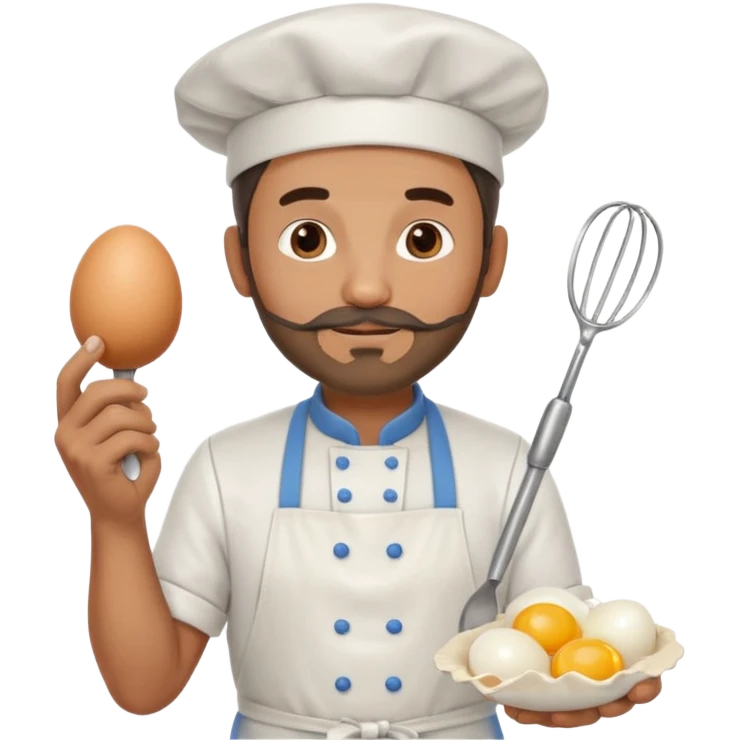 Middle aged male pastry chef - with a small beard, apron, white hat, and holding an egg beater in his hand emoji