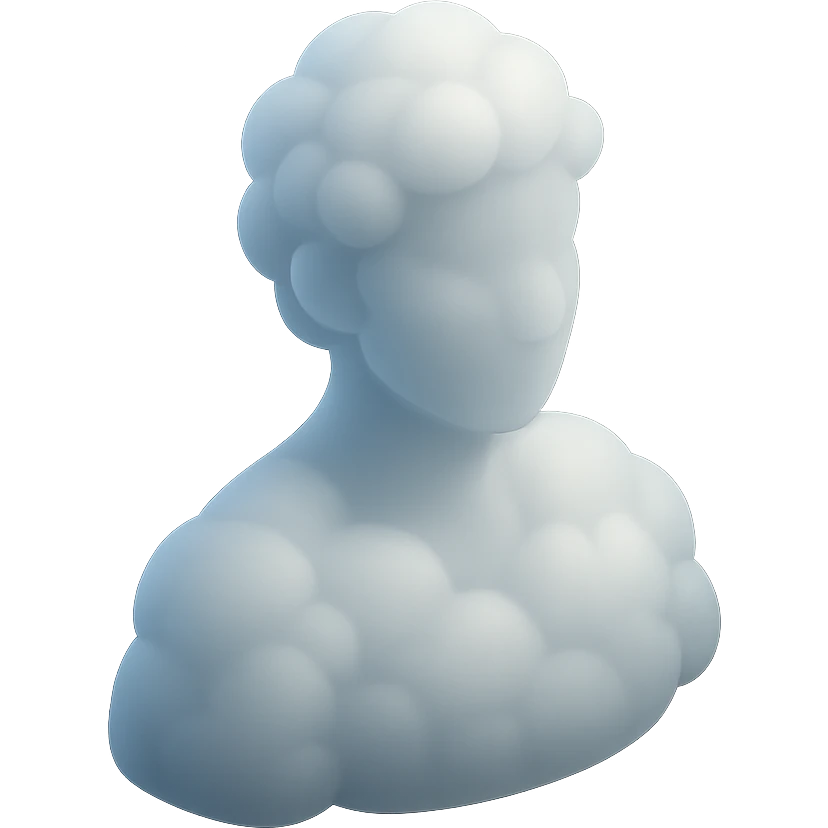 shoulder-up person fully made of white fluffy convex clouds, matte glass style, volumetric and soft clouds, airy and light appearance, clouds with slight transparency, no background emoji