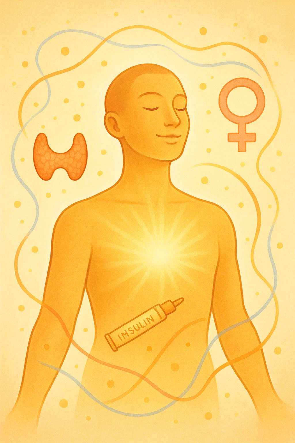  Il corpo è circondato da simboli delicati e bilanciati che rappresentano equilibrio ormonale e metabolico: piccoli cerchi, flussi energetici colorati, simboli stilizzati di tiroide, insulina, estrogeni. Pelle radiosa, postura aperta e rilassata. Atmosfera serena, colori caldi e morbidi, luce naturale dorata, sensazione di benessere totale e vitalità interiore. emoji