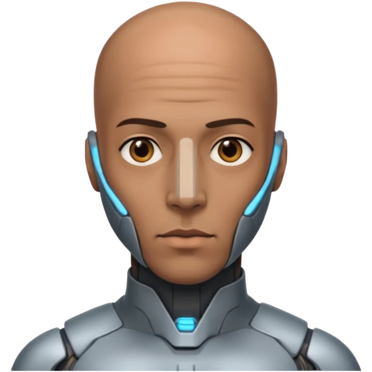 bald dark brown man, vertical half of his face covered in cyborg augmentations emoji