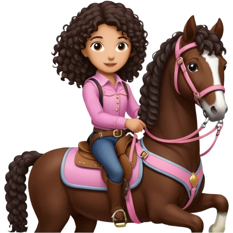 Realistic mixed race girl with long dark brown curly hair, riding a big shire draft horse, wearing pink harness and saddle  emoji
