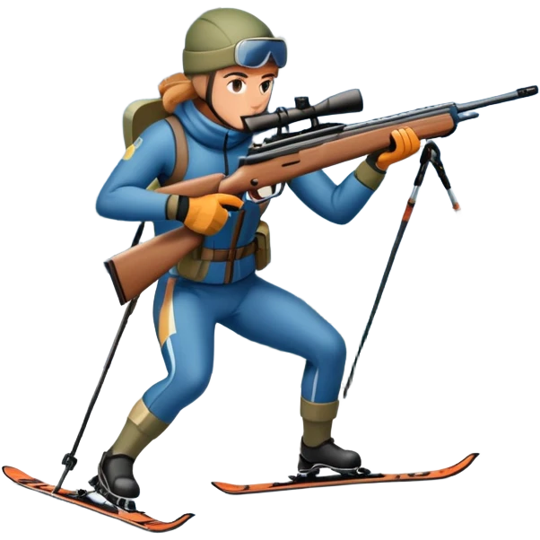 An icon showing a snowy landscape with pine trees, mountains and a clear sky with a biathlete aiming a rifle in the foreground, wearing winter gear and skis. Transparent background emphasizes the precision, endurance, and beauty of this winter sport. emoji