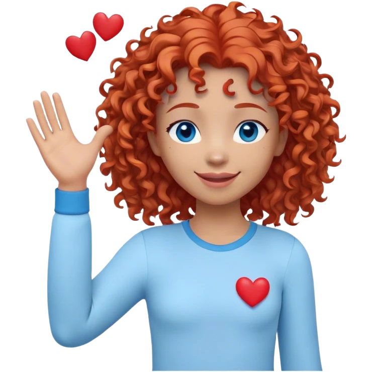 A 3D cartoon-style avatar with a friendly, expressive face. The avatar has curly red hair, bright blue eyes, and a warm smile. It wears a simple white long-sleeve shirt and has a playful pose, with one hand raised and small red hearts floating around emoji