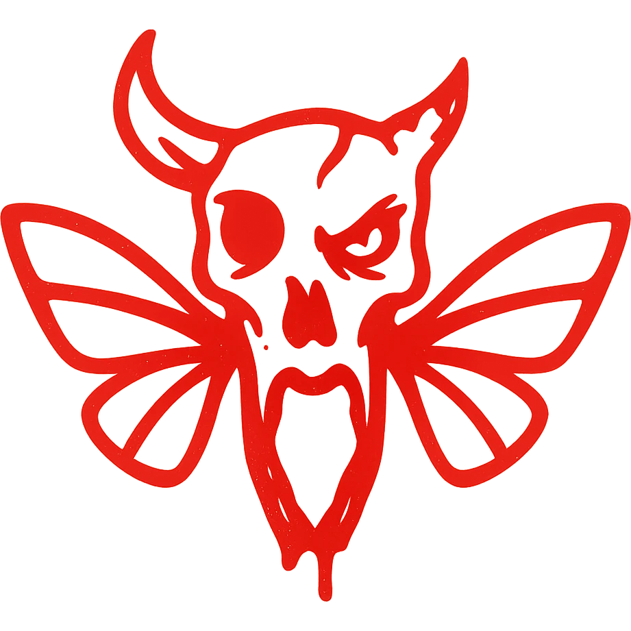 extremely terrifying minimalist red line art of nightmarish minotaur-stoat skull with jagged broken horn and disturbing malevolent eye, twisted moth wings, hollow transparent middle, no frame of any kind, deeply unsettling asymmetrical features, subtle suggestion of gore, menacing minimal design, weathered edges with broken lines, 100% red emoji