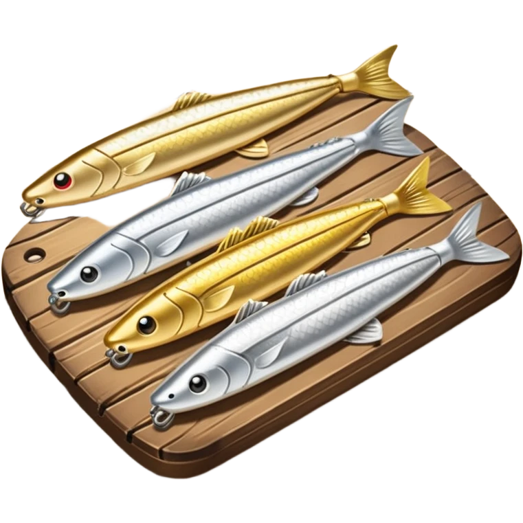 A metal lure set arranged on a wooden plank emoji