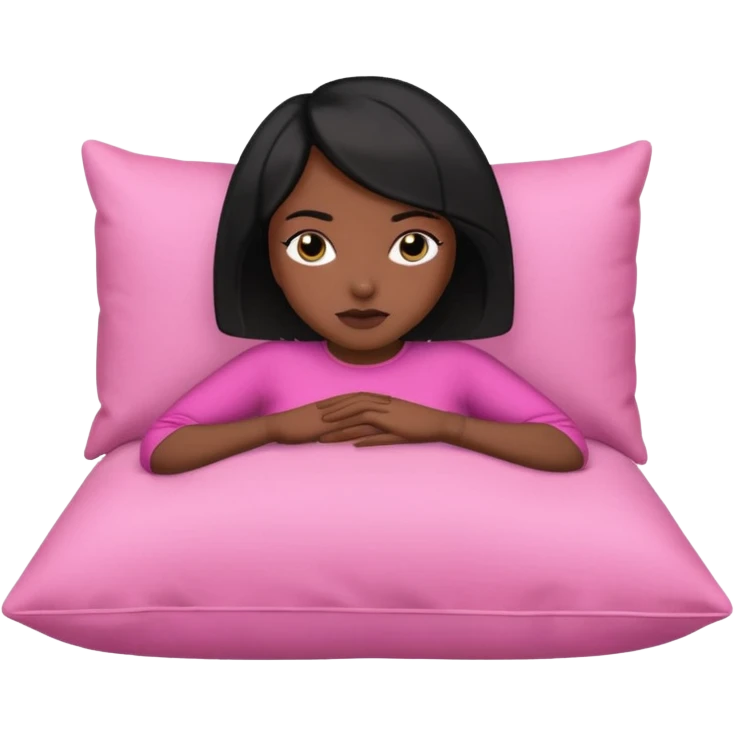 Dark skin woman with black bob in hair wearing pink laying head on pillow  emoji