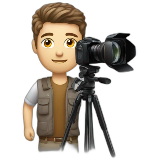 Male Photographer shaved Caucasian wavy hair brunette holding camera emoji