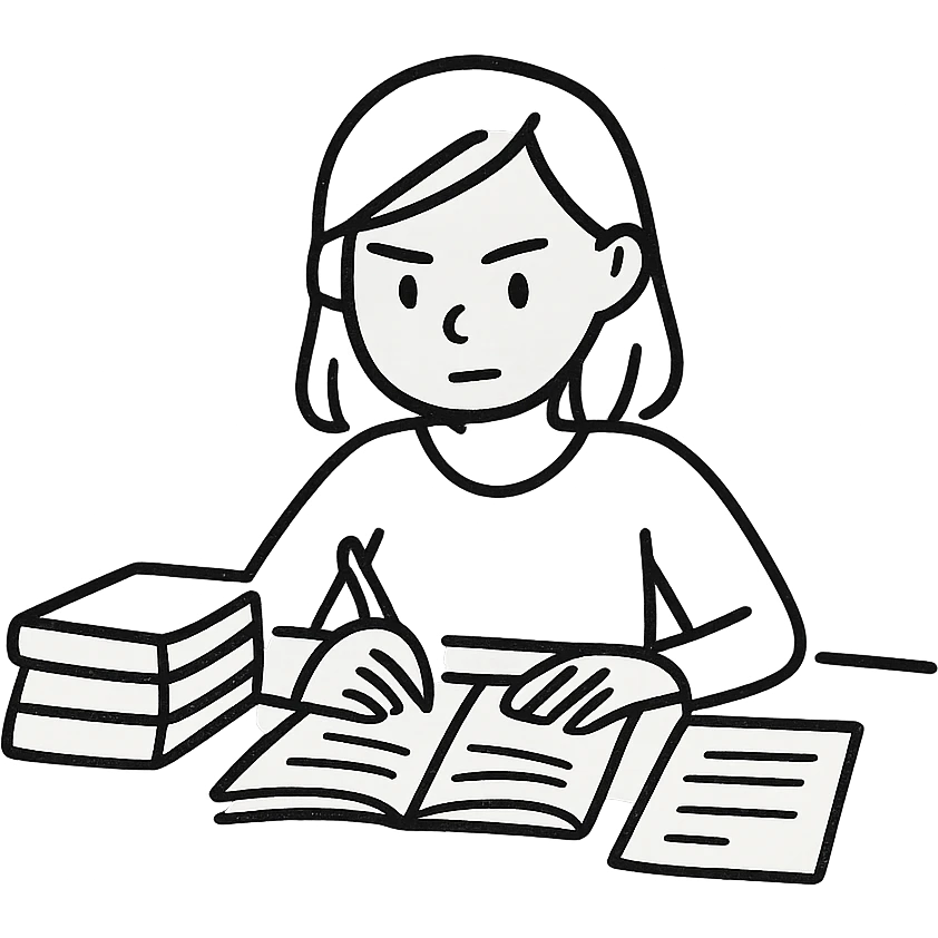 A girl preparing for exams, sitting at a desk with books and notes, looking focused and determined, in a minimalist line art style. emoji