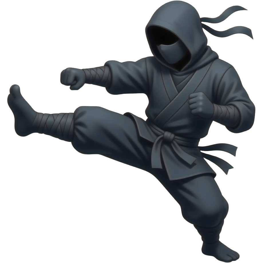 no background show a darkhooded silhouette stick figure ninja performing a roundhouse kick with wind effects around the kick - NO BACKGROUND emoji
