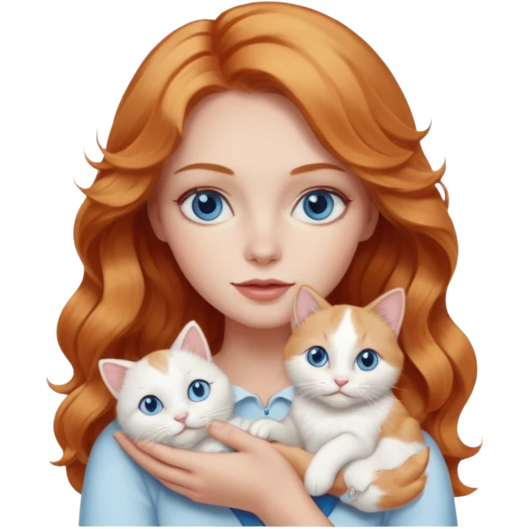 Long wavy strawberry blonde blue eyes woman with a white cat with blue eyes realistic  emoji