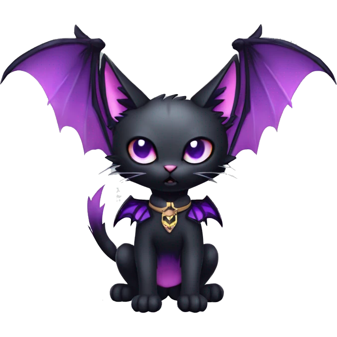   cool edgy kawaii ethereal dark-punk-themed animal vampiric cat-hybrid Fakemon with fangs and bat-wing-ears with a collar full body emoji