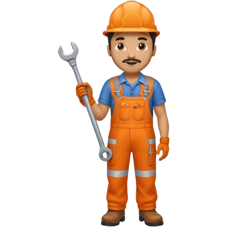 Indian male railway engineer orange overalls, boots holding a spanner emoji
