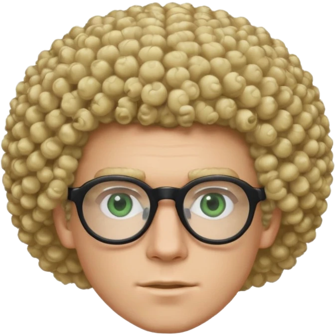 white guy with curly blonde afro and light blue ish green eyes with black glasses  emoji