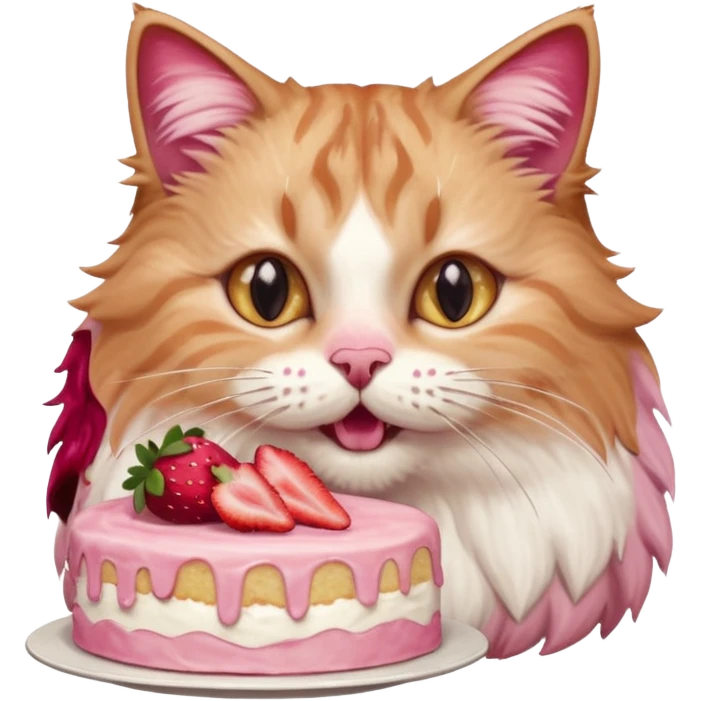 Close-up portrait of a fluffy cat eating a strawberry cake, pink cream on its nose and whiskers, detailed fur texture, soft natural light, shallow depth of field, high resolution, cute and candid moment
 emoji