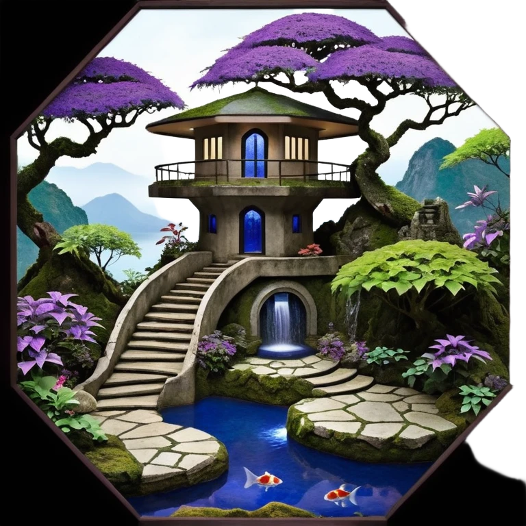 Alien saucer house jungle-vines precarious narrow stairway fountain koi pond mountain-island getaway nighttime landscape antique mudman very old broken cracked intricate Stone Age lapis-crusted irregular dodecagon-shaped shallow dark moss rough bark violet serissa flowered maple tree bonsai emoji