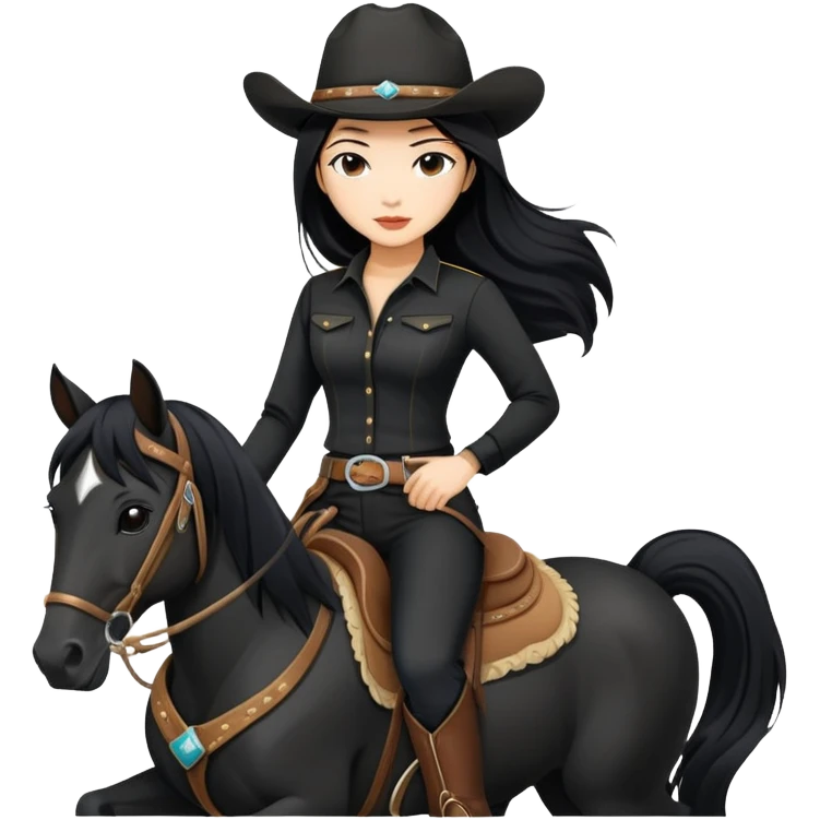 confident Asian woman with long black hair wearing black outfit riding a horse cowgirl style emoji