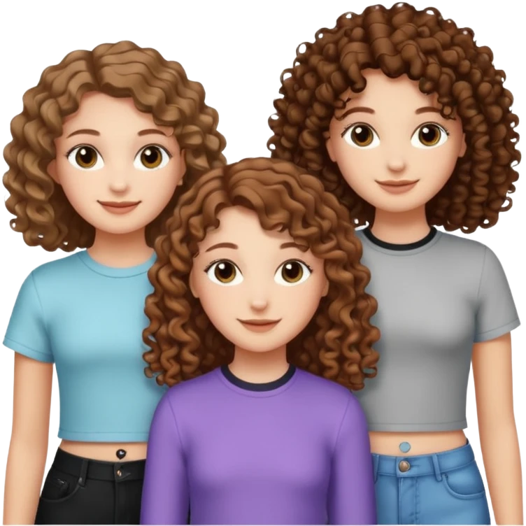 3 white girls, all of off this with brown hair but one whit straight one whit curly and one whit very curly(aesthetic)and chic clothes y2k, this girl have around 14 years emoji