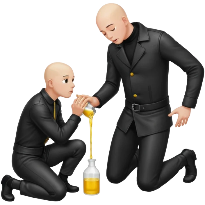 Bald man on his knees submissive to tall, standing man in leather, pouring piss down his throat emoji