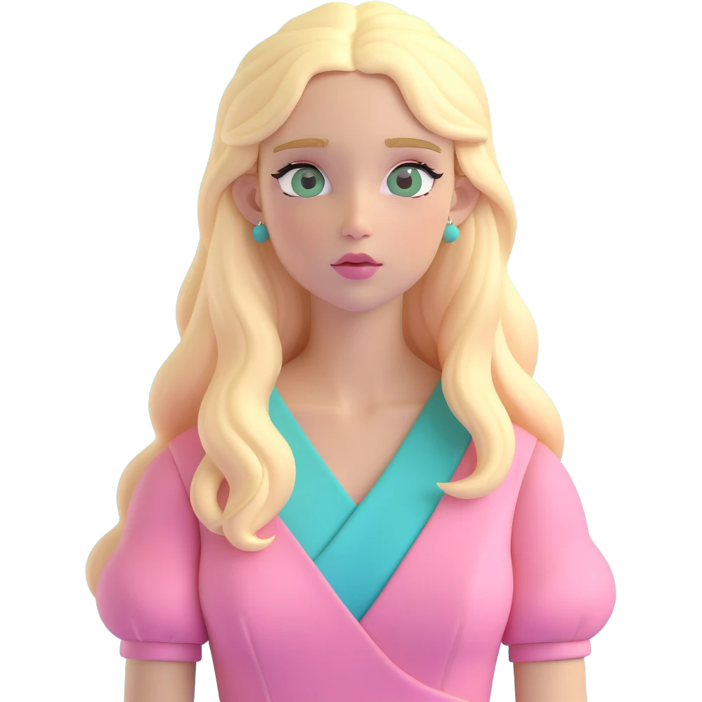 blonde with long hair and swamp eyes in a pink pastel dress, thoughtful, 3D iOS realistic emoji style emoji