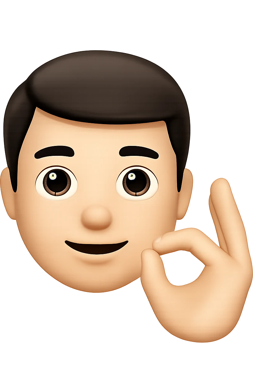 Edit the image to depict a man making an 'okey' hand sign in the style of apple emojis with normalized, natural-looking fingers. Maintain the apple emoji style but improve finger naturalness and normalization. emoji