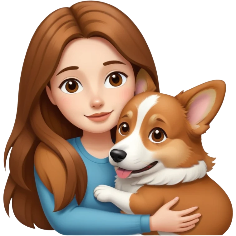 Girl with long brown hair hugs a corgi dog emoji