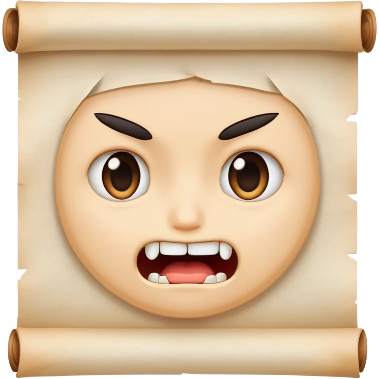 determined cartoon face biting on a small parchment scroll, anime-inspired style emoji