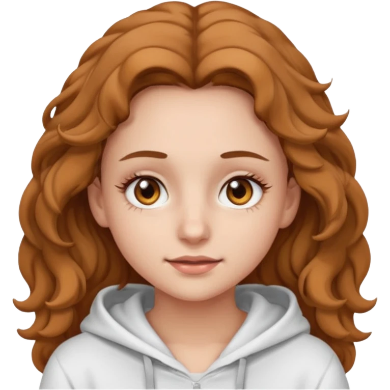 Una ragazza con una felpa semplice bianca,ha gli occhi marroni,i capelli marroni chiaro , c’è gli ha lunghi e ricci ma non troppo e ha le ciglia stile emoji apple emoji