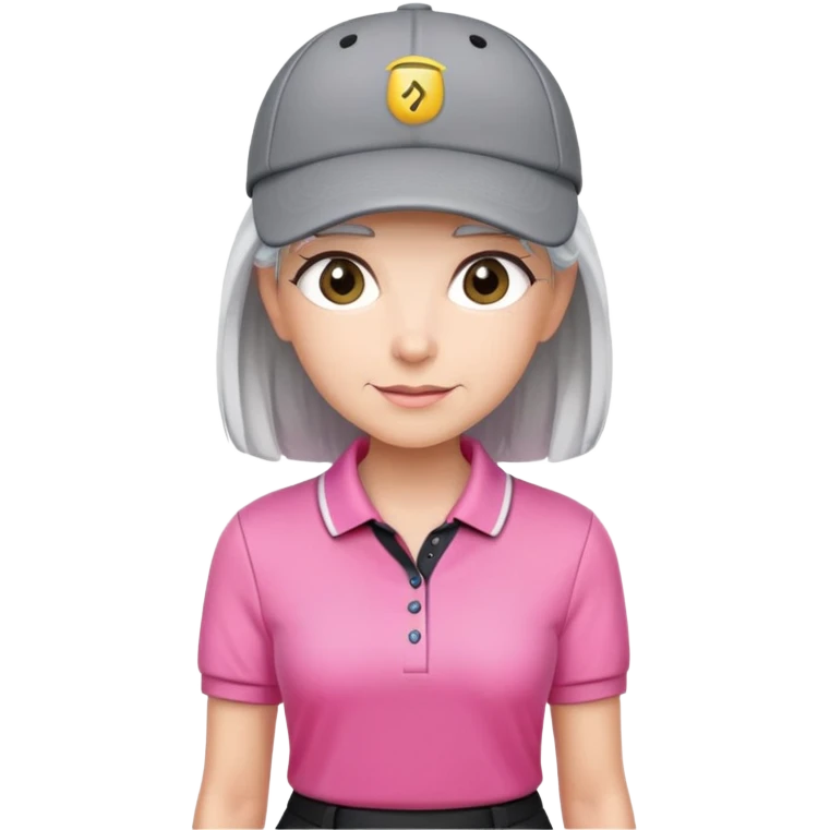 A female golfer with gray hair, pink polo shirt, a black skort, white cap emoji