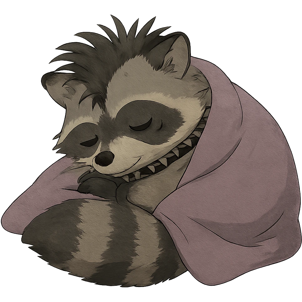 a punk goth trash baby raccoon cuddled up tucked in for a cozy nap emoji