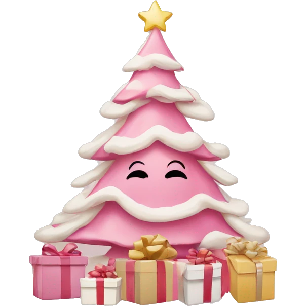 pink christmas tree with white and cream colored presents underneath emoji