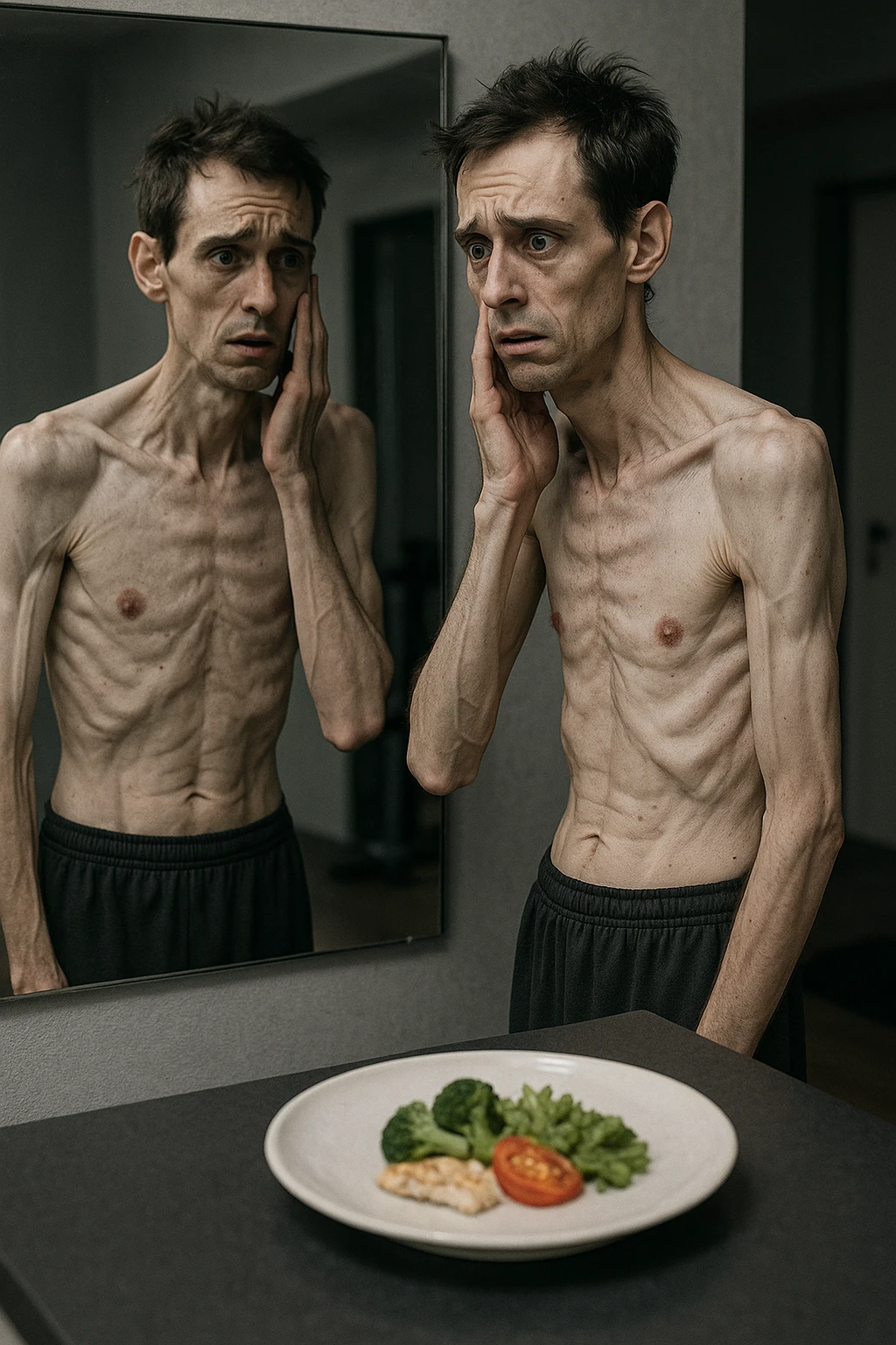 omo magro e stanco, con muscoli visibilmente ridotti, si guarda allo specchio con preoccupazione. Espressione afflitta, tono muscolare basso, ambiente domestico o palestra. Accanto a lui un piatto con pochissimo cibo proteico, come solo verdure. Atmosfera grigia, simbolica di carenza nutrizionale e perdita muscolare emoji