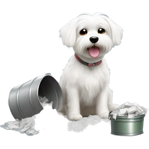 Adorable white Maltese digging in the trash can  emoji